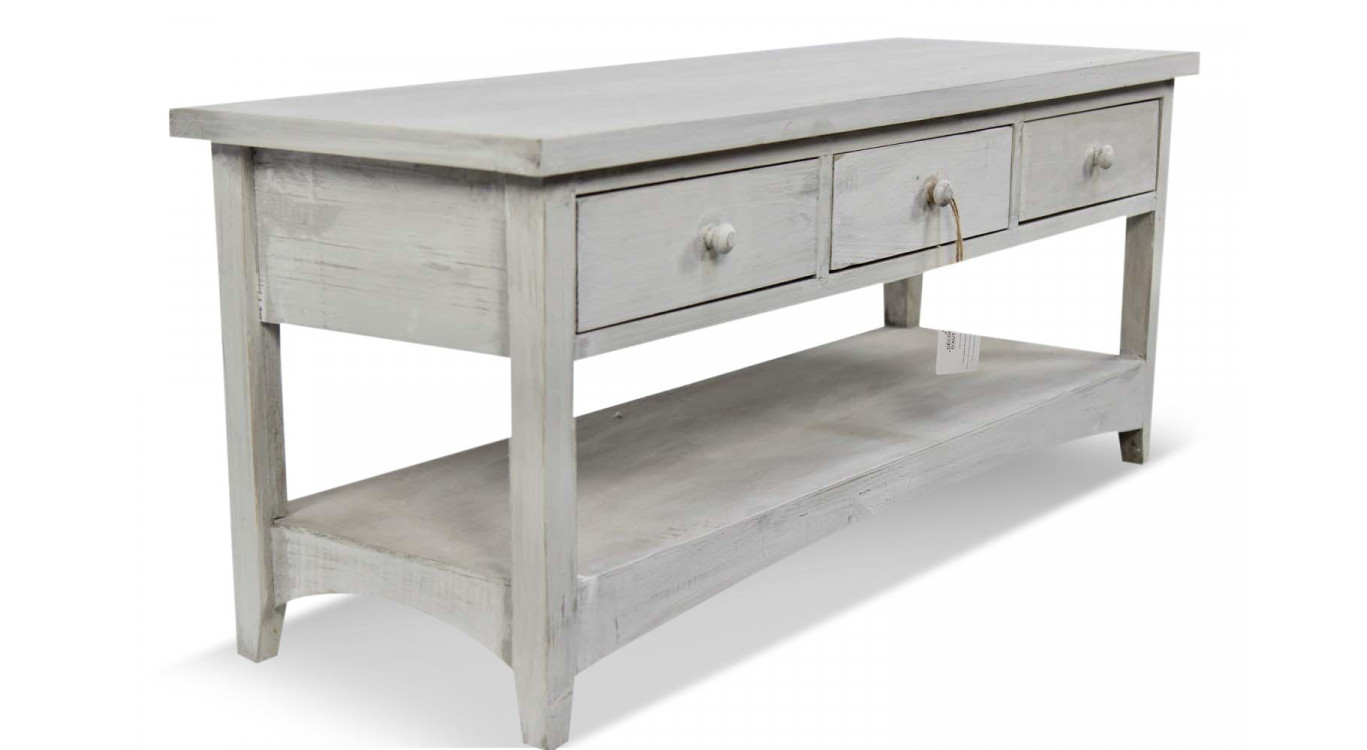 Meuble Console Bois Cerusé Blanc 3 Tiroirs 110x38x45cm