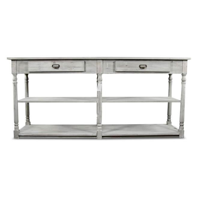 Meuble Console Drapier Bois Cerusé Blanc 2 Tiroirs 190x54x87cm
