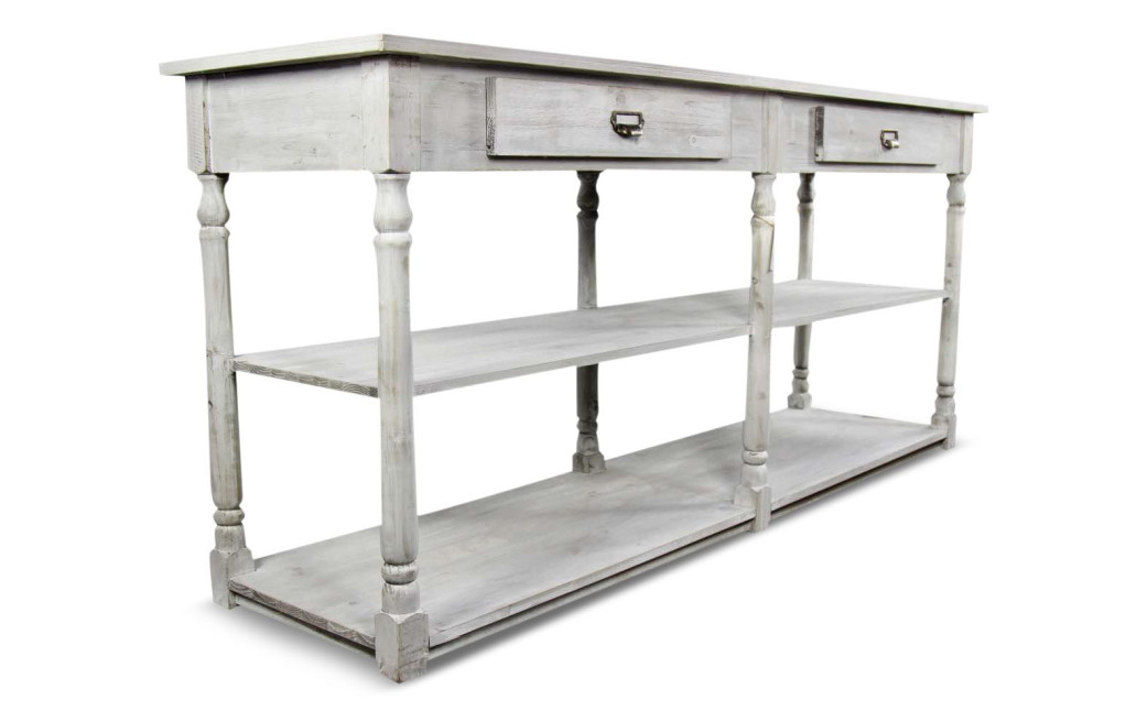 Meuble Console Drapier Bois Cerusé Blanc 2 Tiroirs 190x54x87cm