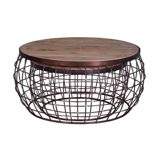 Lot De 2 Tables Basses Bois, Métal Marron 76x76x67cm