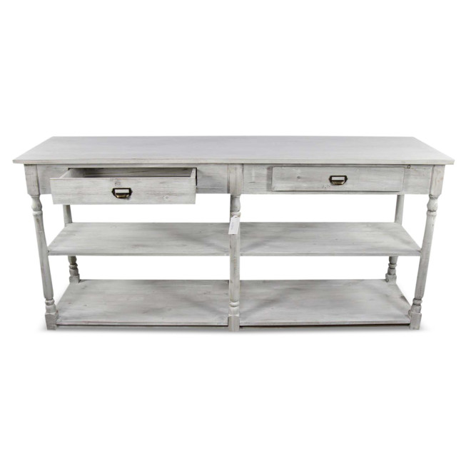 Meuble Console Drapier Bois Cerusé Blanc 2 Tiroirs 190x54x87cm