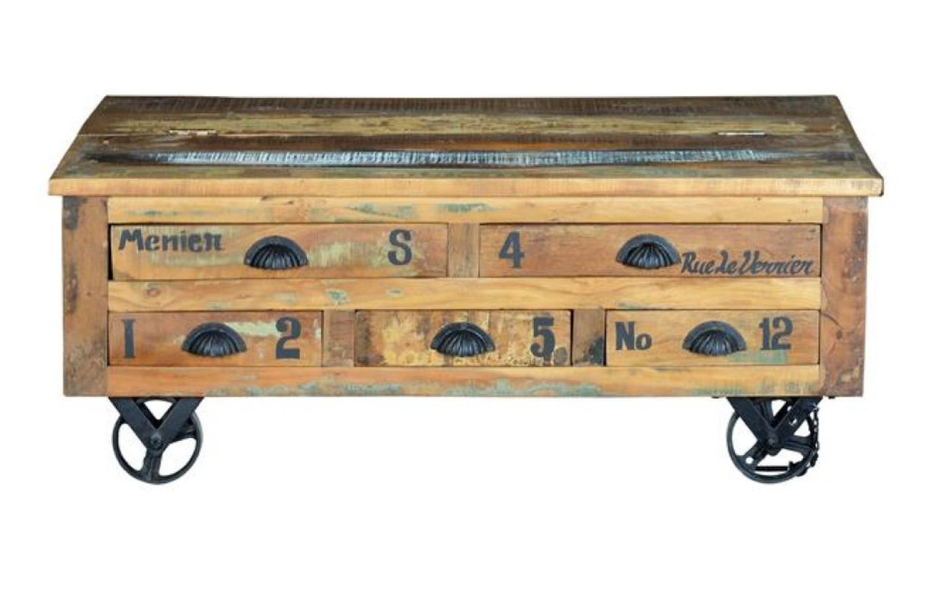 Table Basse 5 Tiroirs Bois, Métal Marron 110x70x42cm
