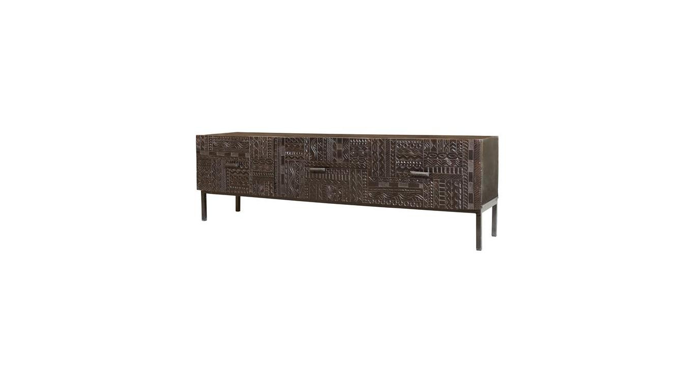 Meuble TV 3 Tiroirs Bois, Fer Marron 180x40x56cm