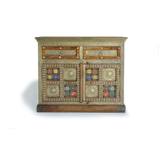Buffet 2 Tiroirs Bois, Bronze Or 105x40x90cm