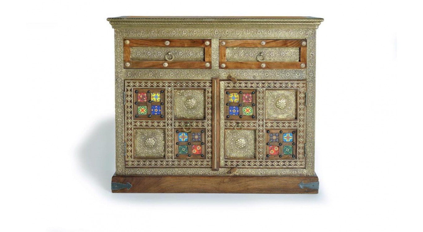 Buffet 2 Tiroirs Bois, Bronze Or 105x40x90cm