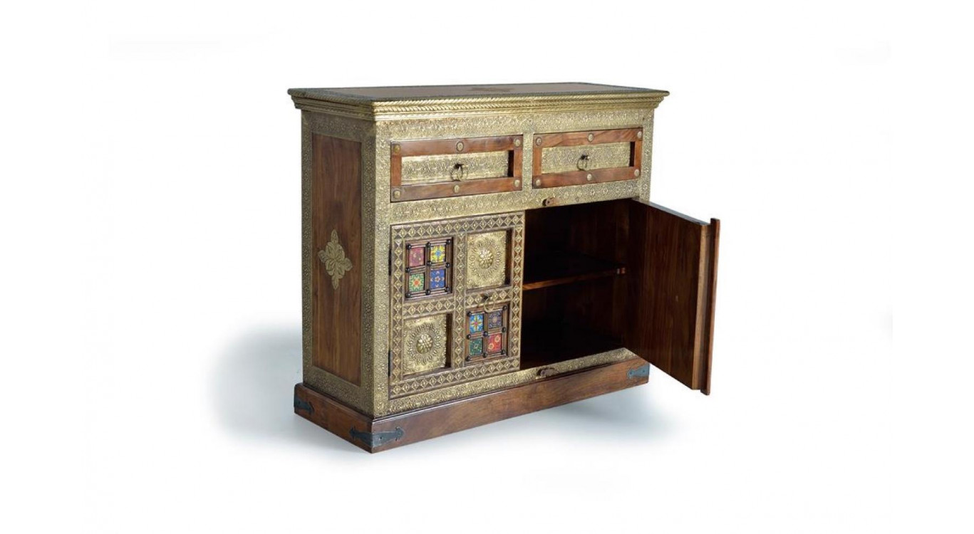 Buffet 2 Tiroirs Bois, Bronze Or 105x40x90cm