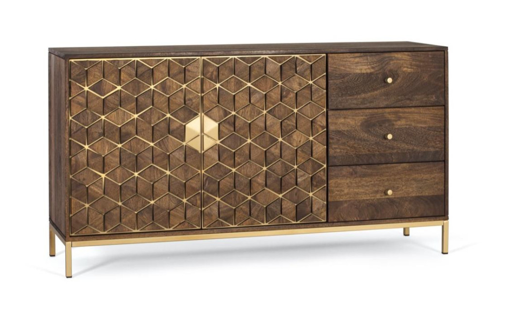 Buffet 3 Tiroirs Bois et Fer Marron 145x40x77cm