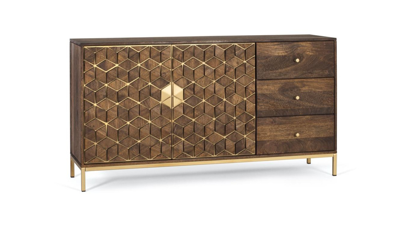 Buffet 3 Tiroirs Bois et Fer Marron 145x40x77cm