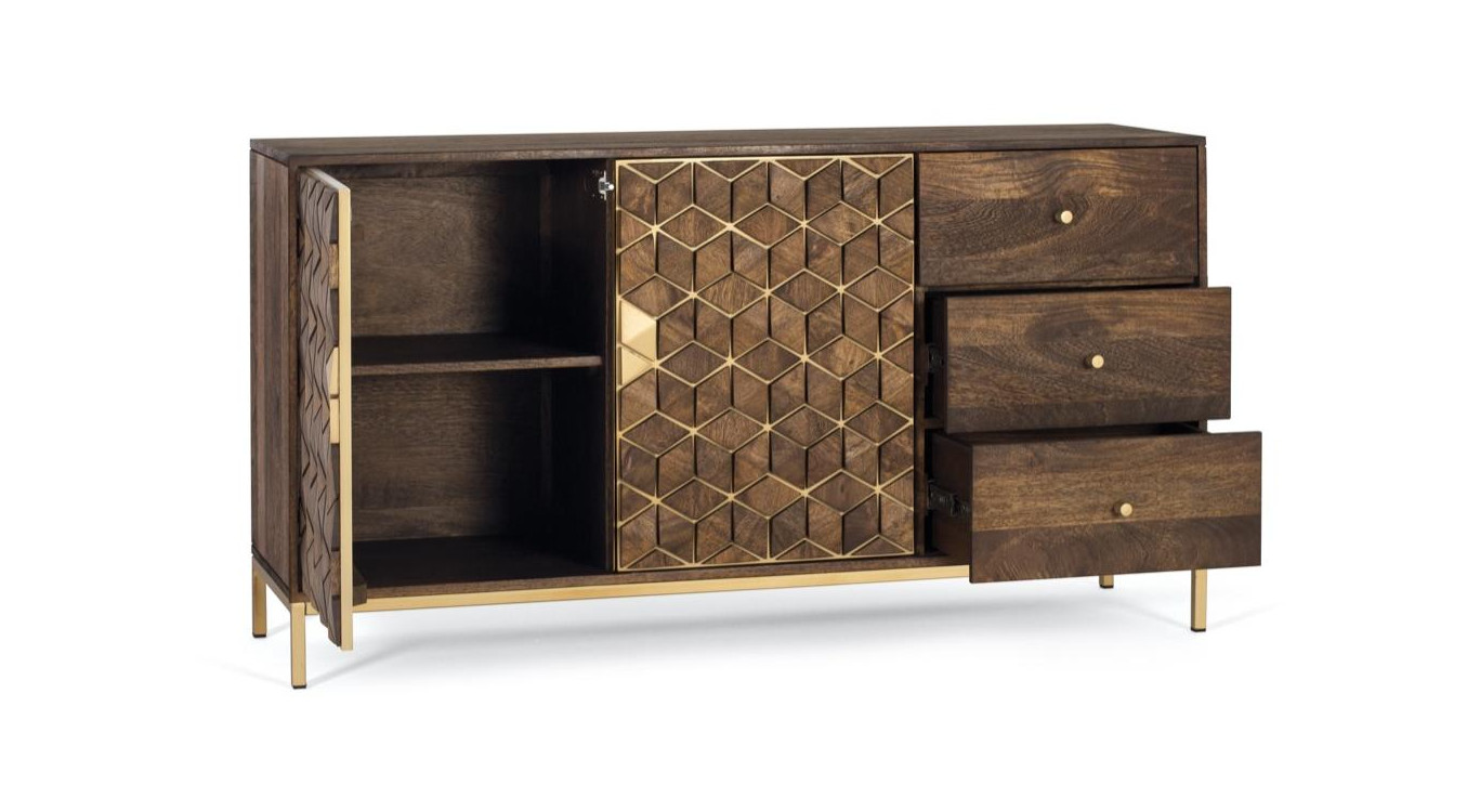 Buffet 3 Tiroirs Bois et Fer Marron 145x40x77cm