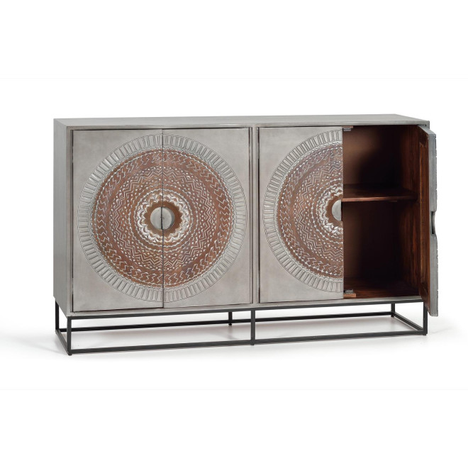 Buffet Bois, Fer Gris 150x40x91cm