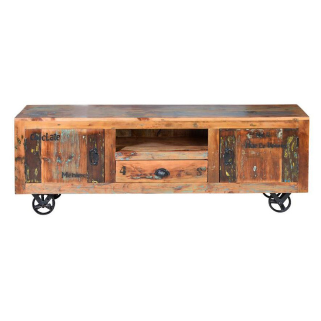 Meuble TV 1 Tiroir Bois, Fer Marron 160x40x55cm