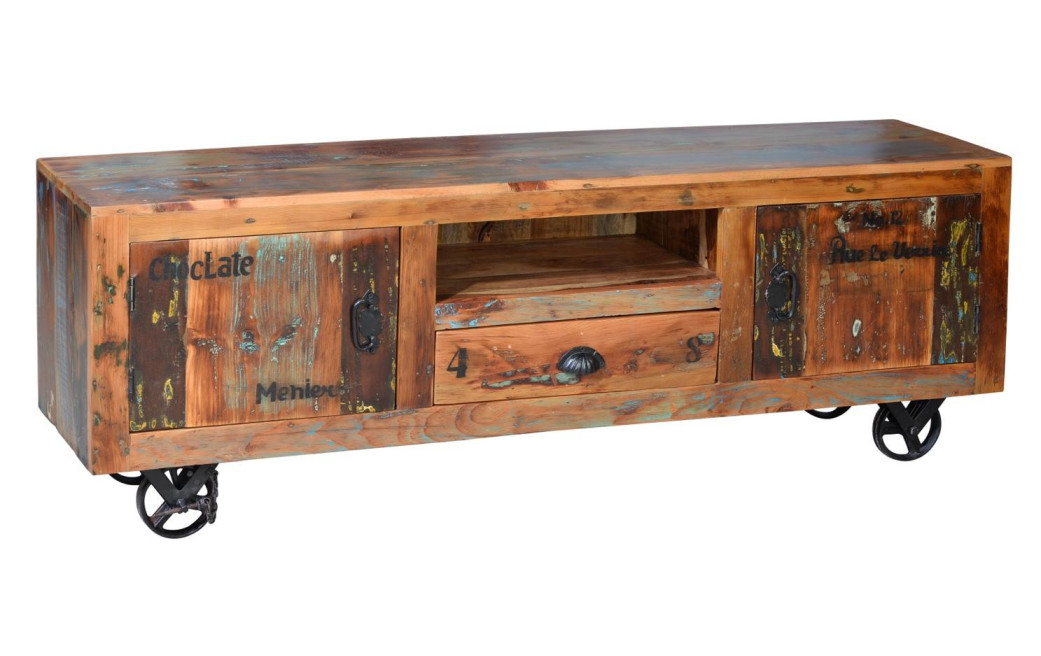 Meuble TV 1 Tiroir Bois, Fer Marron 160x40x55cm