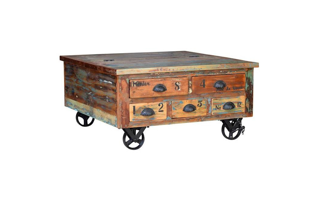 Table Basse 5 Tiroirs Bois, Fer Marron 90x90x40cm