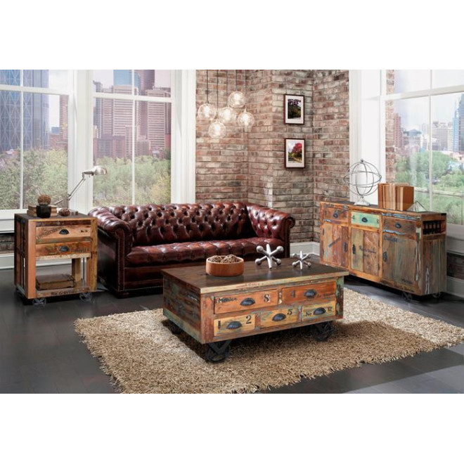 Couchtisch 5 Schubladen Holz, Eisen Braun 90x90x40cm