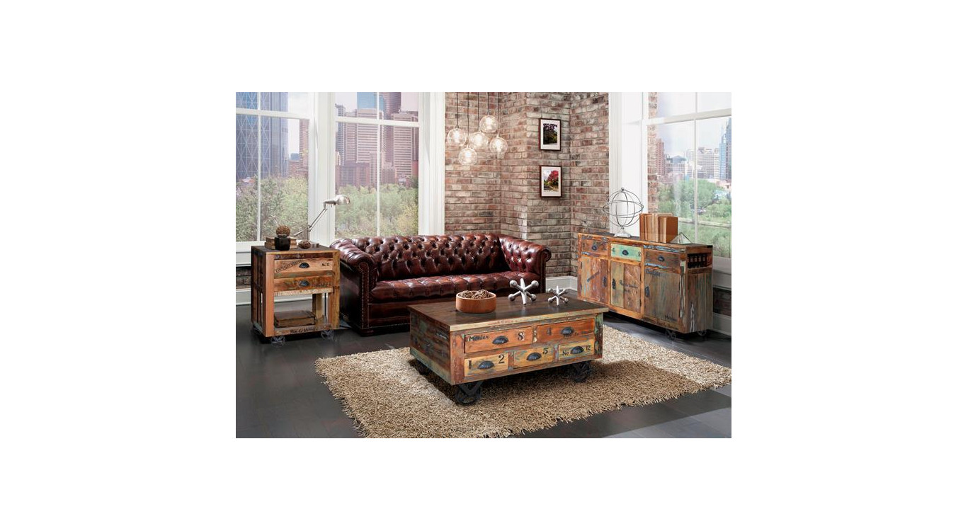 Couchtisch 5 Schubladen Holz, Eisen Braun 90x90x40cm