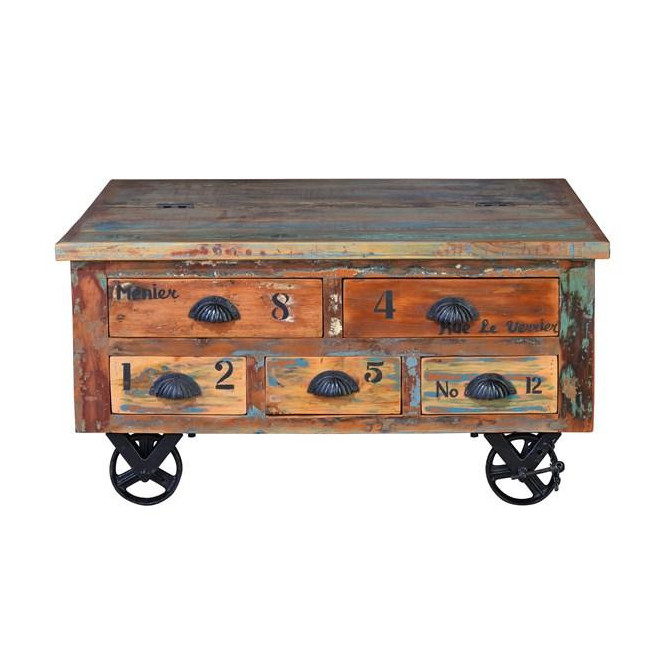 Couchtisch 5 Schubladen Holz, Eisen Braun 90x90x40cm