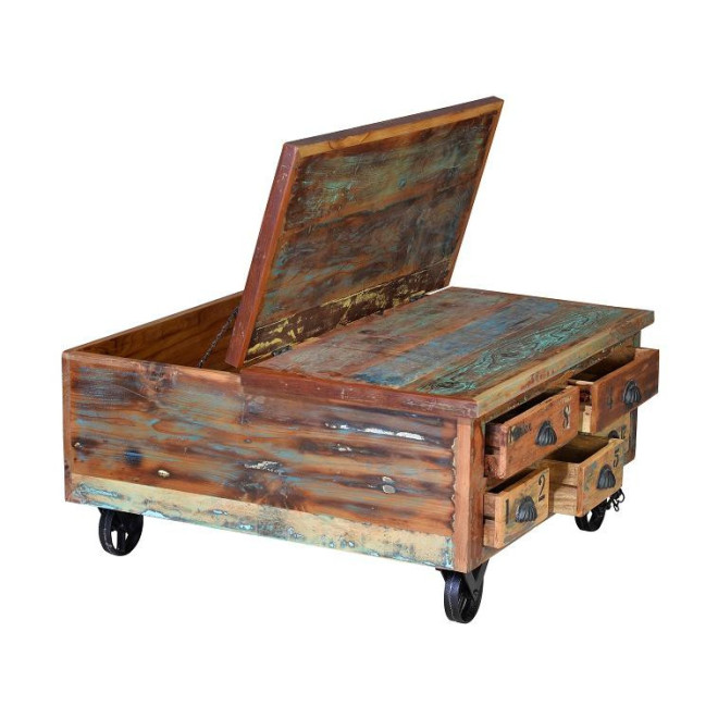 Couchtisch 5 Schubladen Holz, Eisen Braun 90x90x40cm