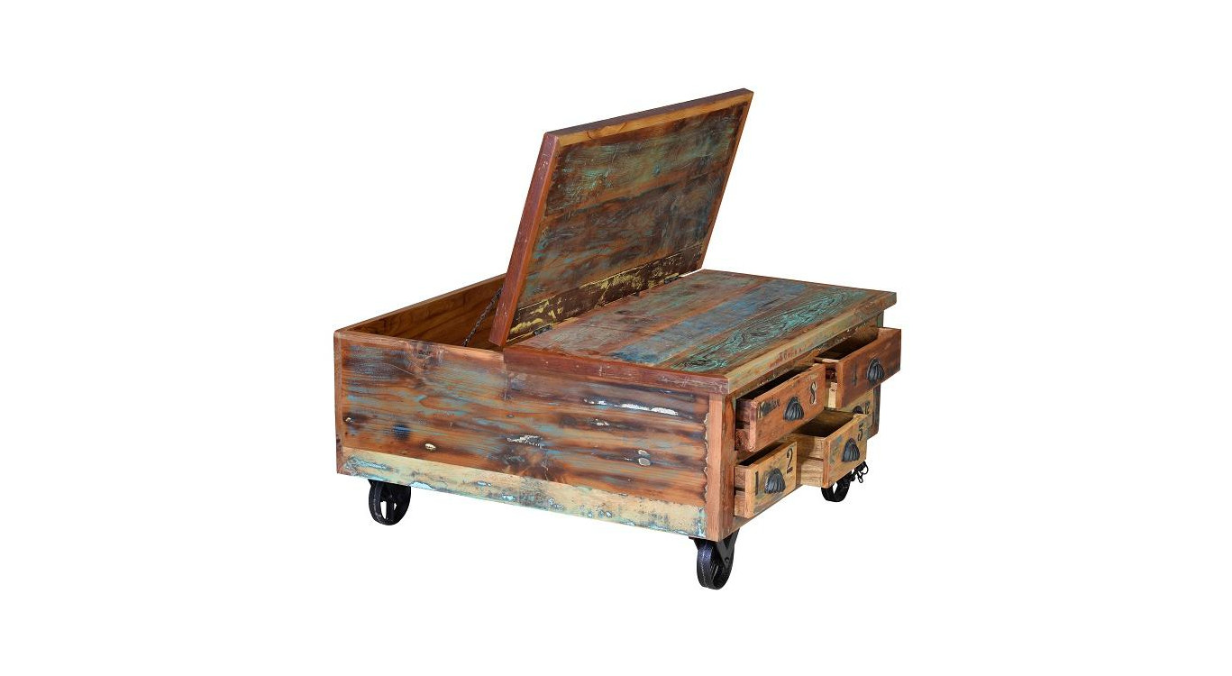 Couchtisch 5 Schubladen Holz, Eisen Braun 90x90x40cm