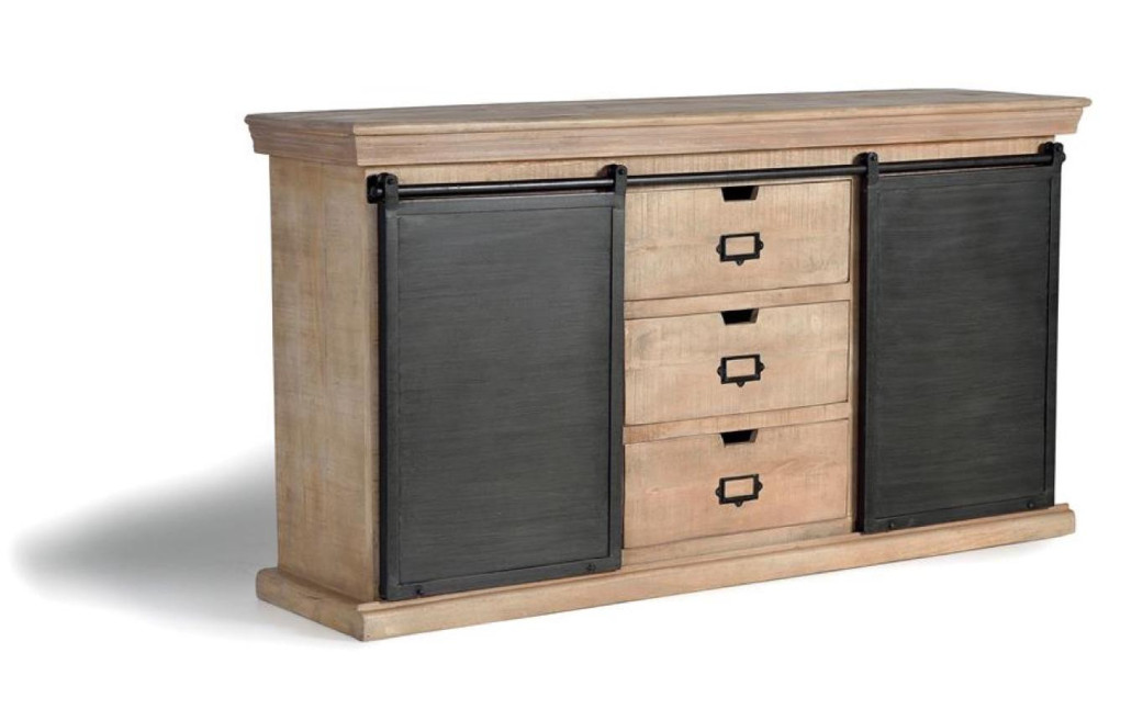 Bahut 3 Tiroirs Bois, Fer Marron 160x40x85cm