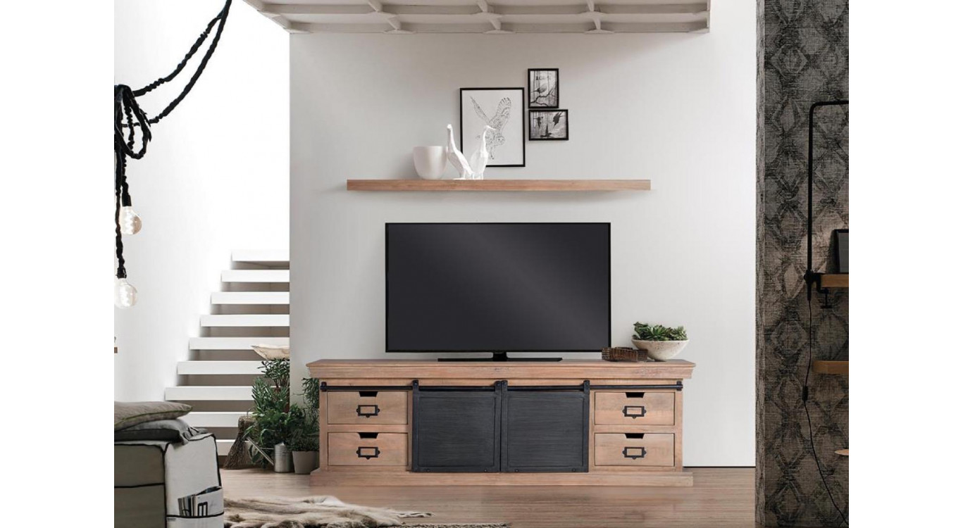 Meuble TV 4 Tiroirs Bois, Fer Marron 170x40x55cm