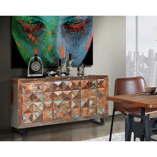 Buffet 3 Tiroirs Bois, Fer Marron 150x40x90cm