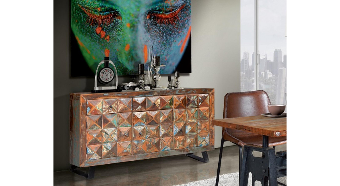 Buffet 3 Tiroirs Bois, Fer Marron 150x40x90cm