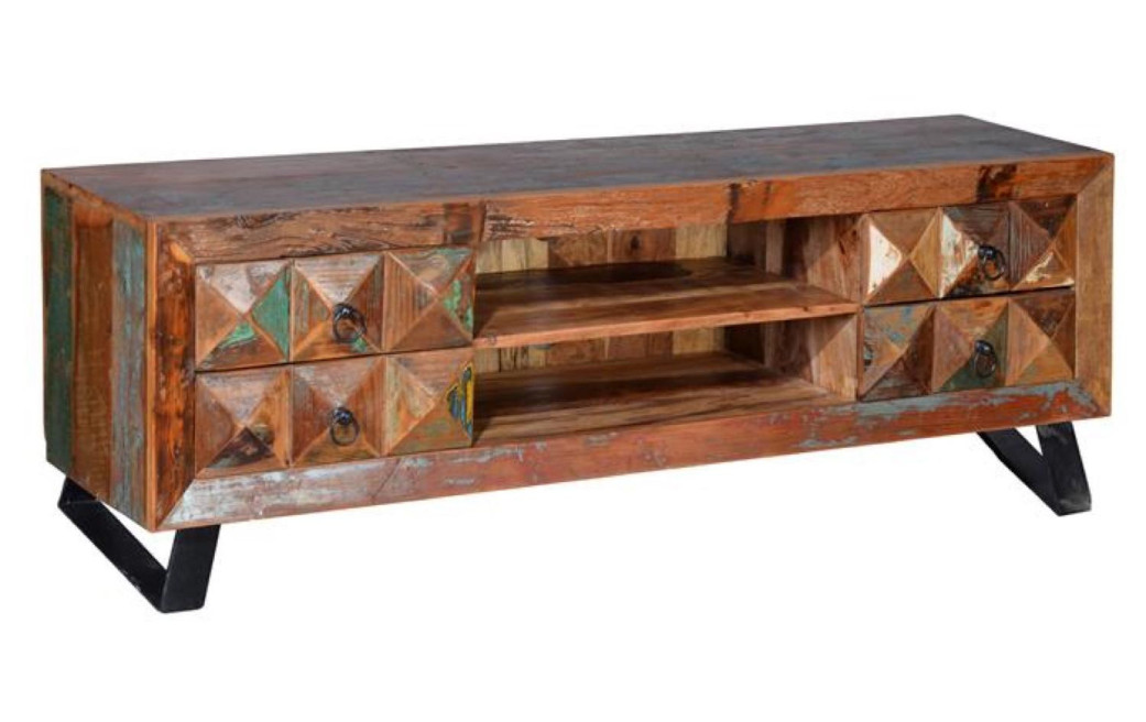 Meuble TV 4 Tiroirs Bois, Fer Marron 155x40x55cm