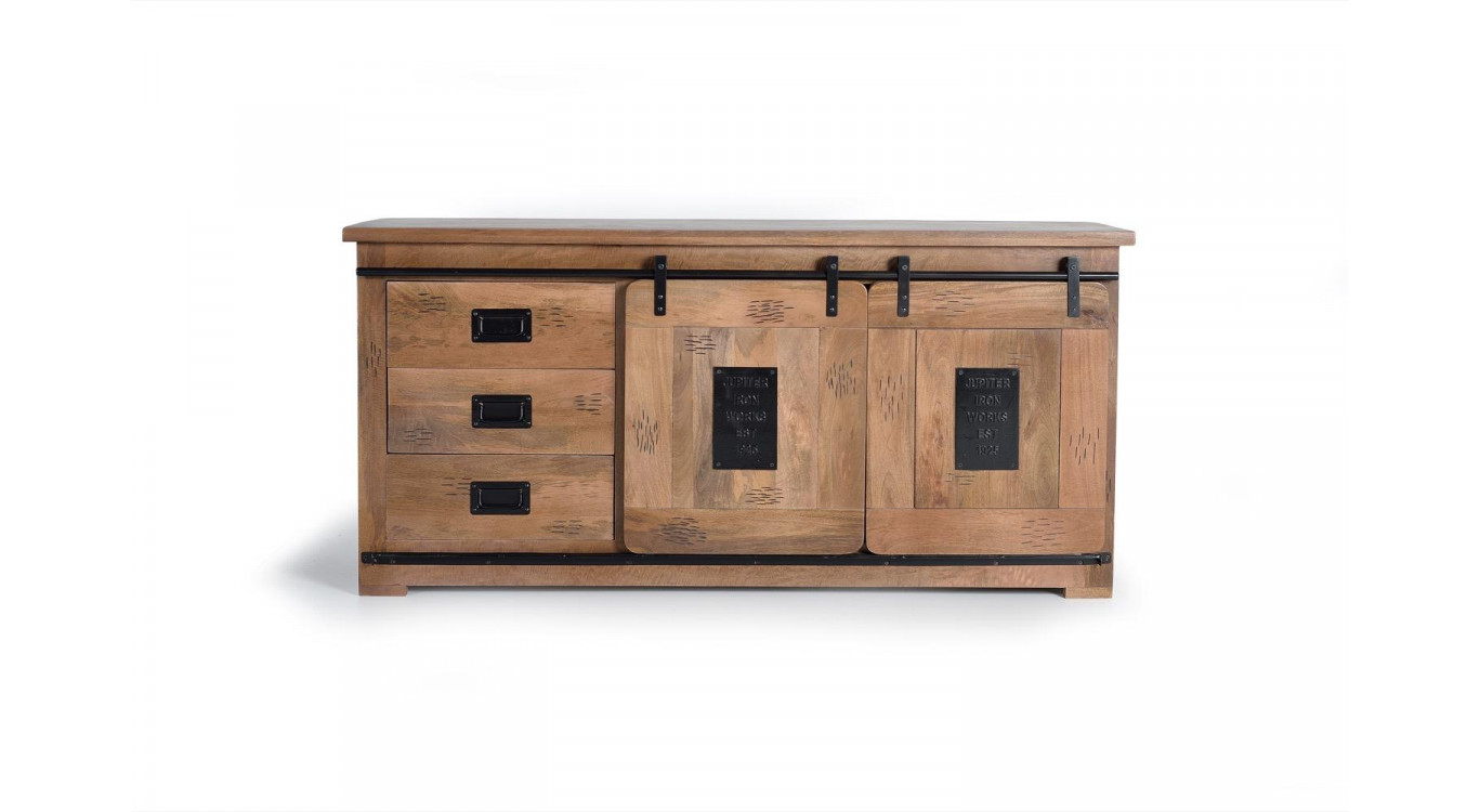Bahut 3 Tiroirs Bois, Fer Marron 165x45x80cm
