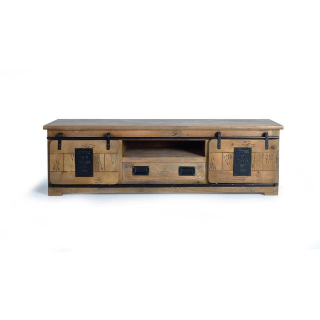 Meuble TV 1 Tiroir Bois, Fer Marron 180x50x55cm