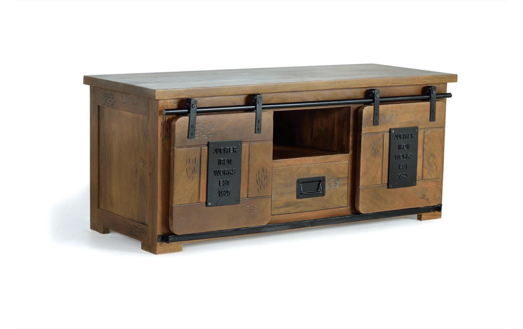 Meuble TV 1 Tiroir Bois, Fer Marron 130x50x55cm