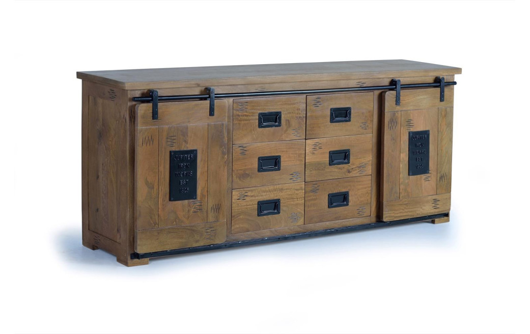 Bahut 6 Tiroirs Bois, Fer Marron 190x45x80cm