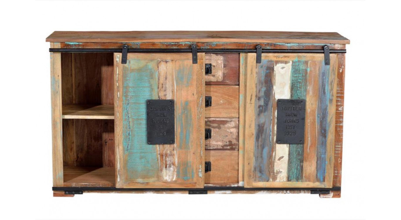Buffet 4 Tiroirs Bois, Fer Marron 150x38x81cm