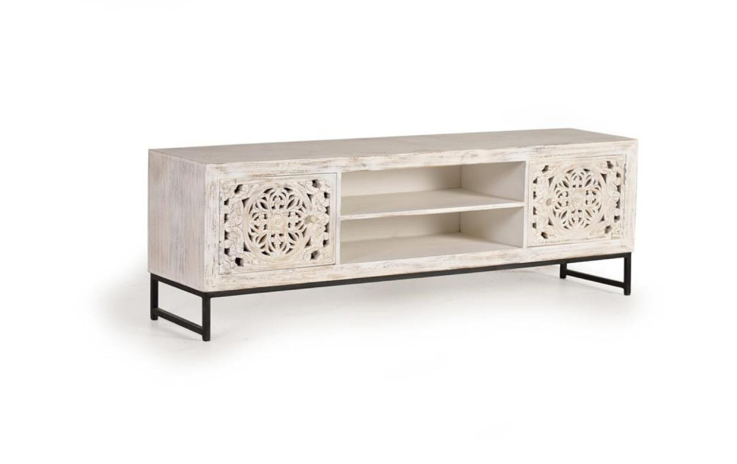 Meuble TV Bois, Fer Blanc 170x40x55cm