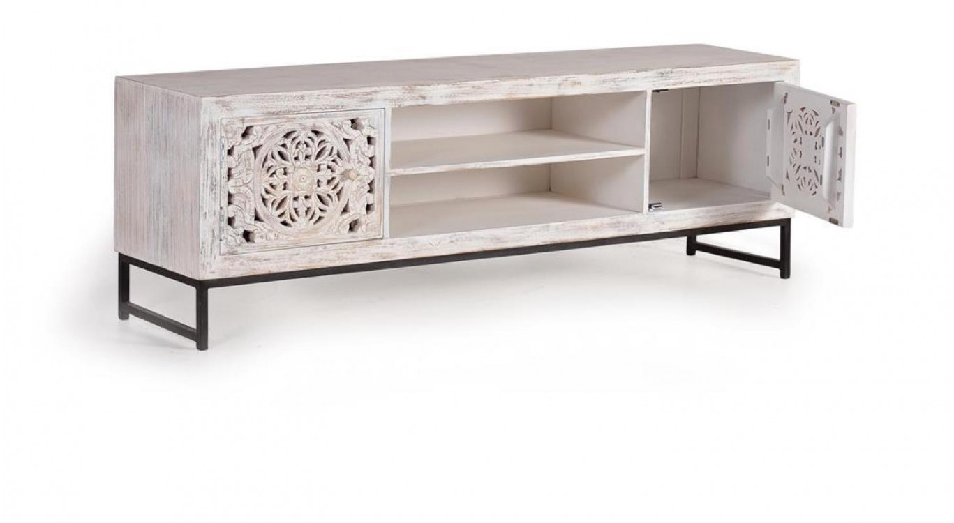 Meuble TV Bois, Fer Blanc 170x40x55cm