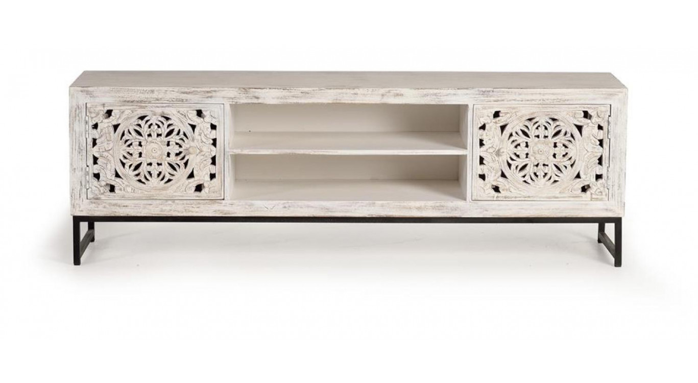 Meuble TV Bois, Fer Blanc 170x40x55cm