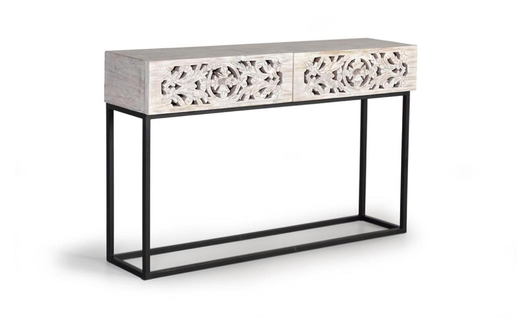 Console 2 Tiroirs Bois, Fer Blanc 120x30x77cm