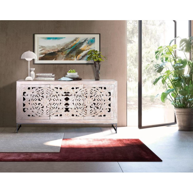 Buffet 3 Tiroirs Bois, Fer Blanc 150x38x80cm