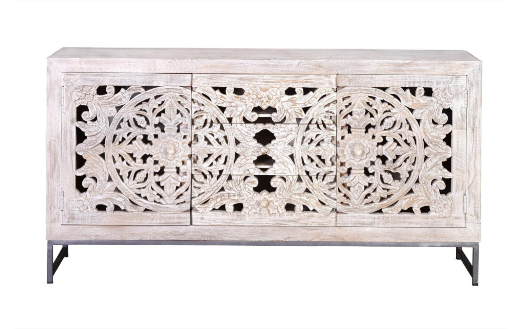 Buffet 3 Tiroirs Bois, Fer Blanc 150x38x80cm