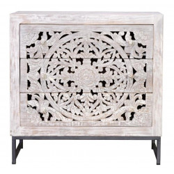 Commode 3 Tiroirs Bois, Fer Blanc 80x35x81cm