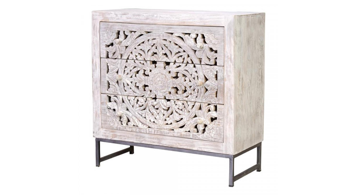 Commode 3 Tiroirs Bois, Fer Blanc 80x35x81cm
