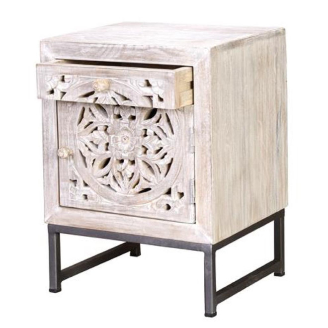 Table De Chevet 1 Tiroir Bois, Fer Blanc 40x35x56cm