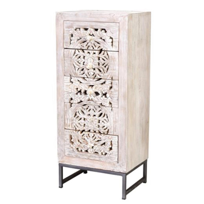 Chiffonnier 5 Tiroirs Bois, Fer Blanc 45x35x106cm