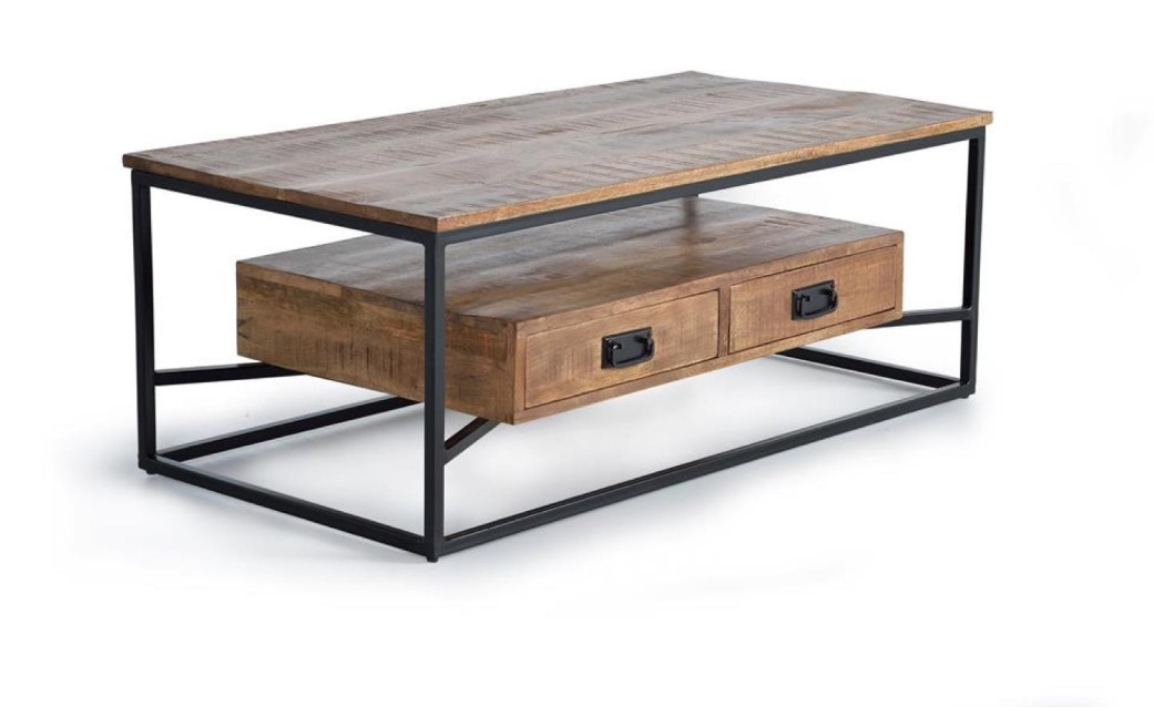 Table Basse 2 Tiroirs Bois, Fer Marron 120x60x45cm