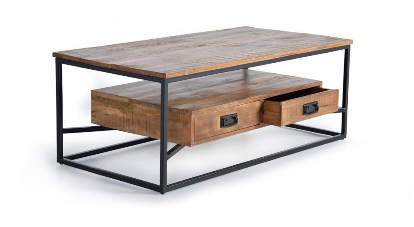 Table Basse 2 Tiroirs Bois, Fer Marron 120x60x45cm