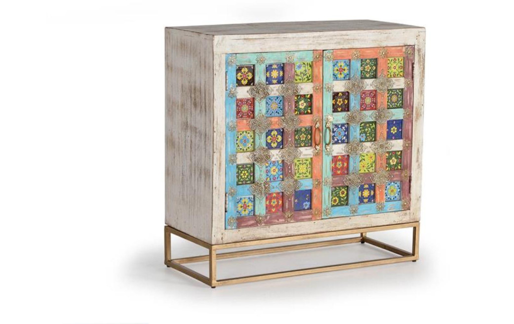 Buffet Bois, Fer Blanc 90x40x90cm