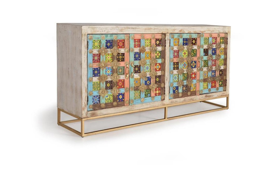 Bahut Bois, Fer Blanc 180x40x90cm