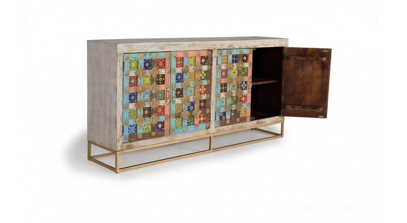 Bahut Bois, Fer Blanc 180x40x90cm