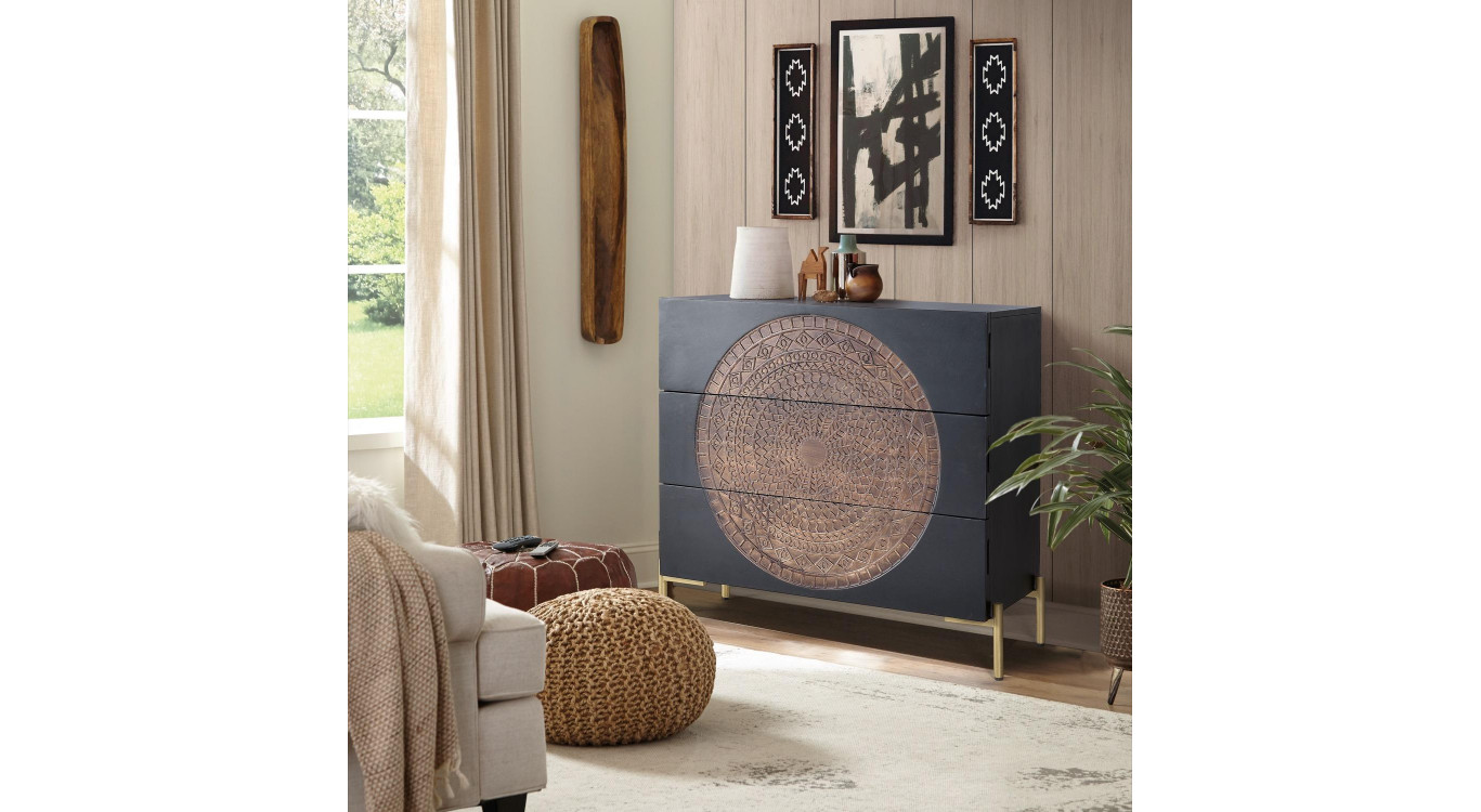 Commode 3 Tiroirs Bois, Fer Noir 95x40x90cm