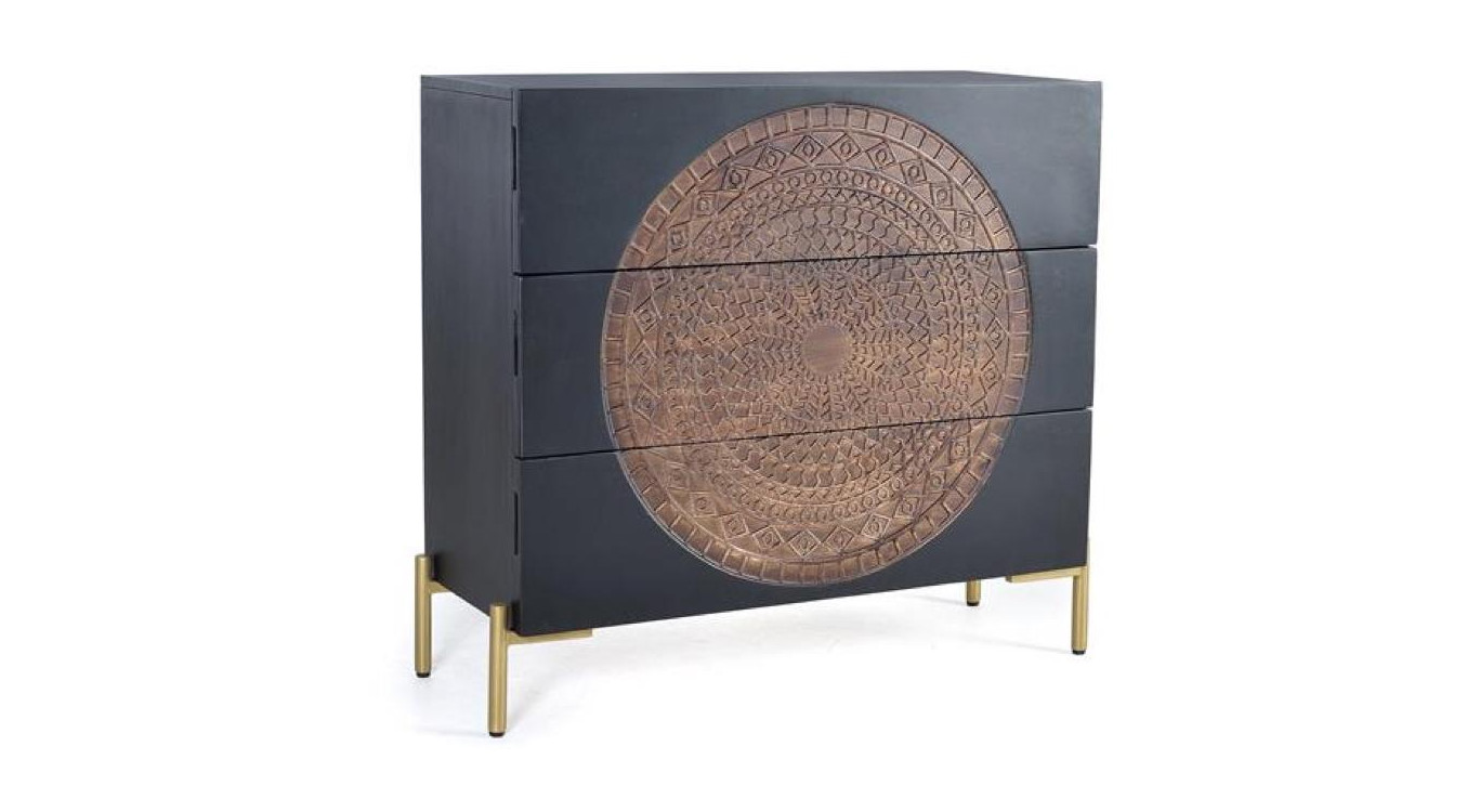 Commode 3 Tiroirs Bois, Fer Noir 95x40x90cm