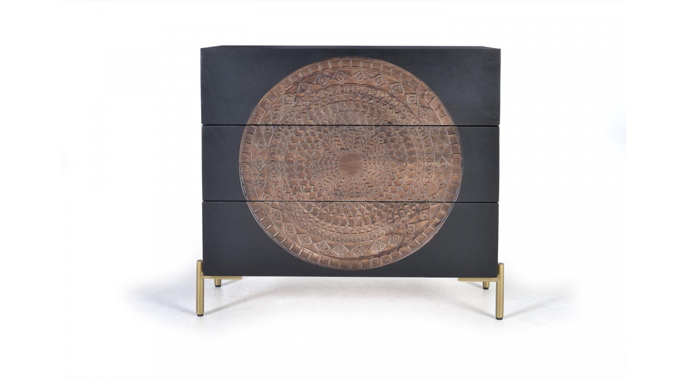 Commode 3 Tiroirs Bois, Fer Noir 95x40x90cm
